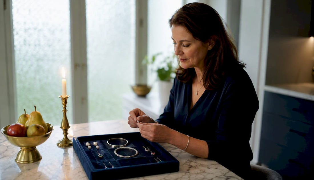 Woman examining milestone anniversary jewelry pieces