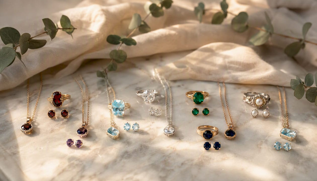 Assorted birthstone jewelry on wooden table