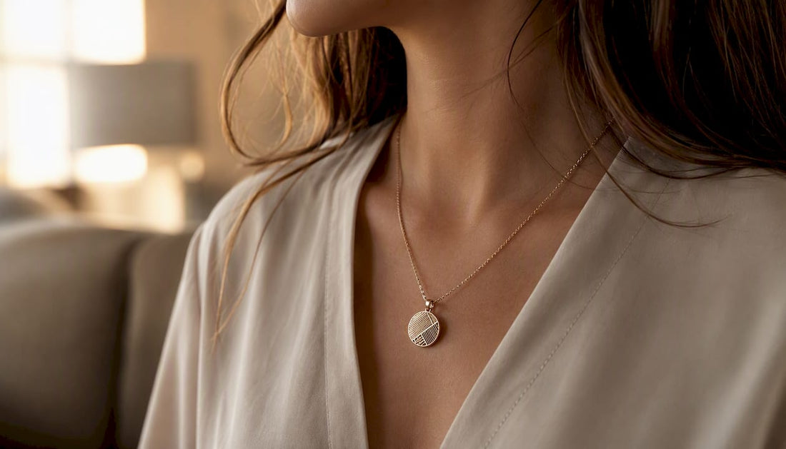 Un collar largo y sofisticado que resalta sobre una blusa de tono neutro