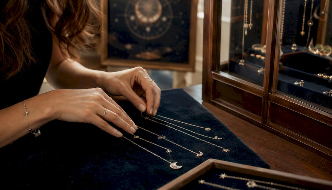 Hands arranging zodiac-themed gold necklaces