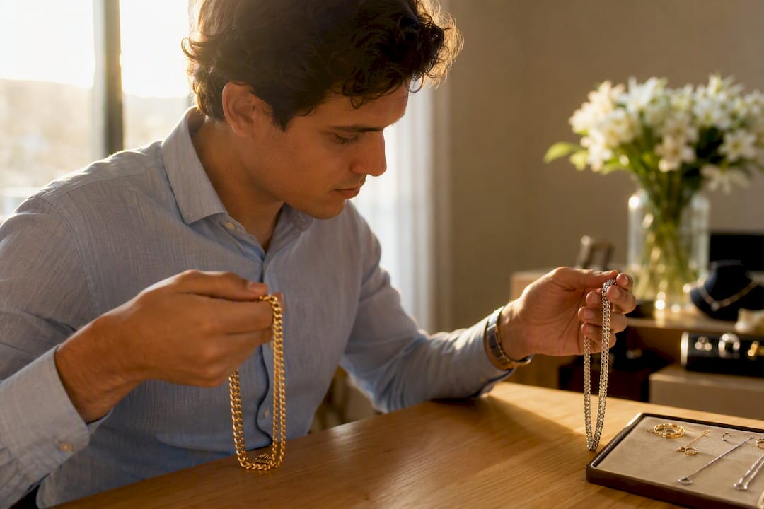 Unas manos examinan y comparan dos collares de metal, observando sus detalles y diferencias.