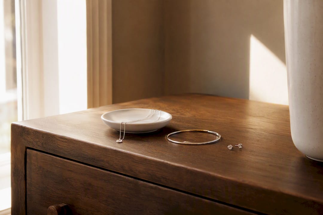 Curated minimalist jewelry pieces on cream fabric