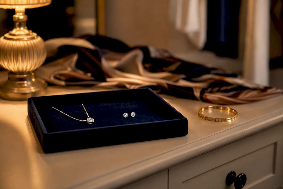 Diamond pendant and stud earrings on velvet tray