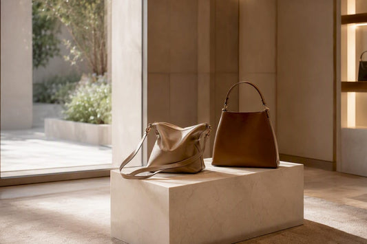 Two bags, crossbody and shoulder style, hanging side by side