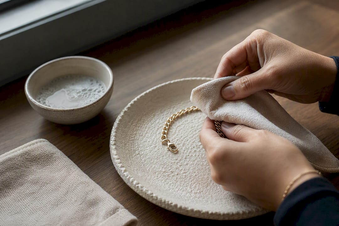Hand wiping gold vermeil bracelet with microfiber cloth