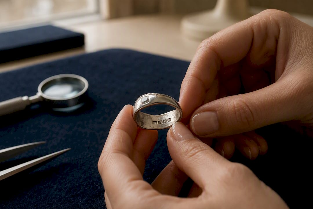 Close-up of hand inspecting jewelry hallmark