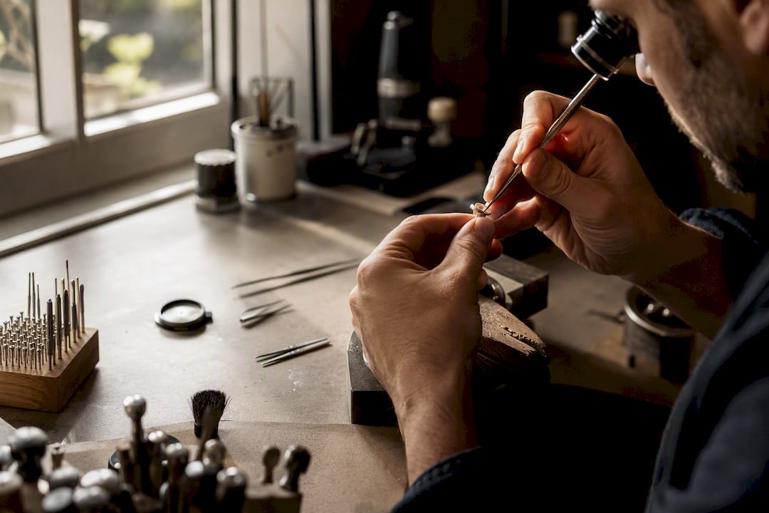 Jeweler setting diamond ring close-up