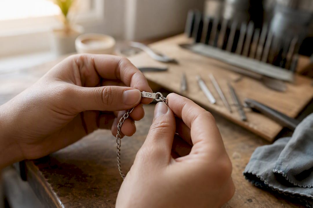 Primer plano de joyas de plata con sello 925