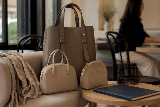 Various neutral bags arranged on table