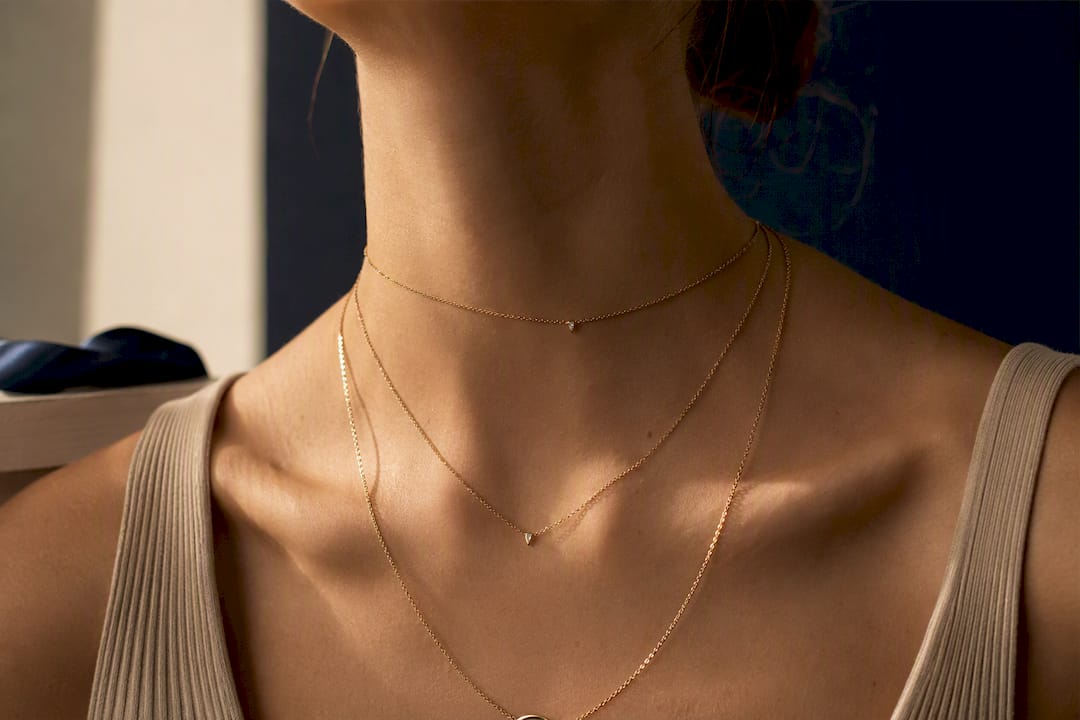 Cropped collarbones showing varied necklace lengths