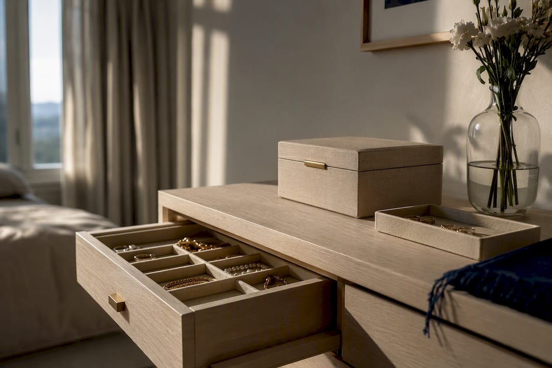 Elegant jewelry storage arranged on bedroom console