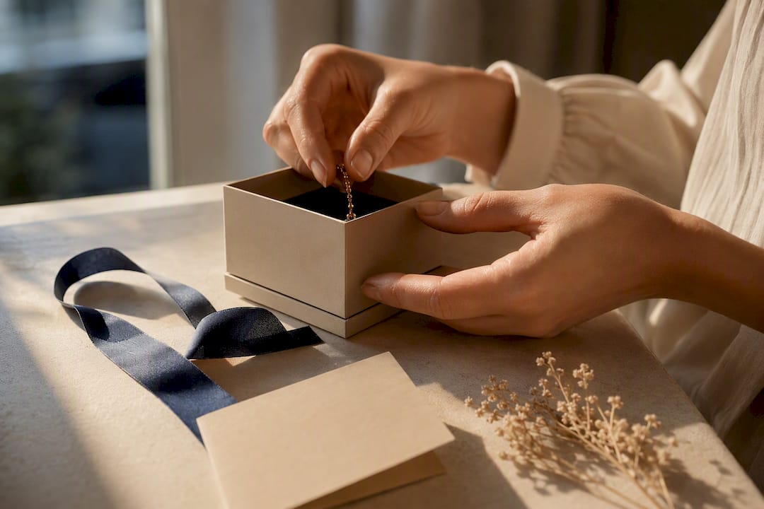 Manos preparando un regalo de joyería con mucho significado