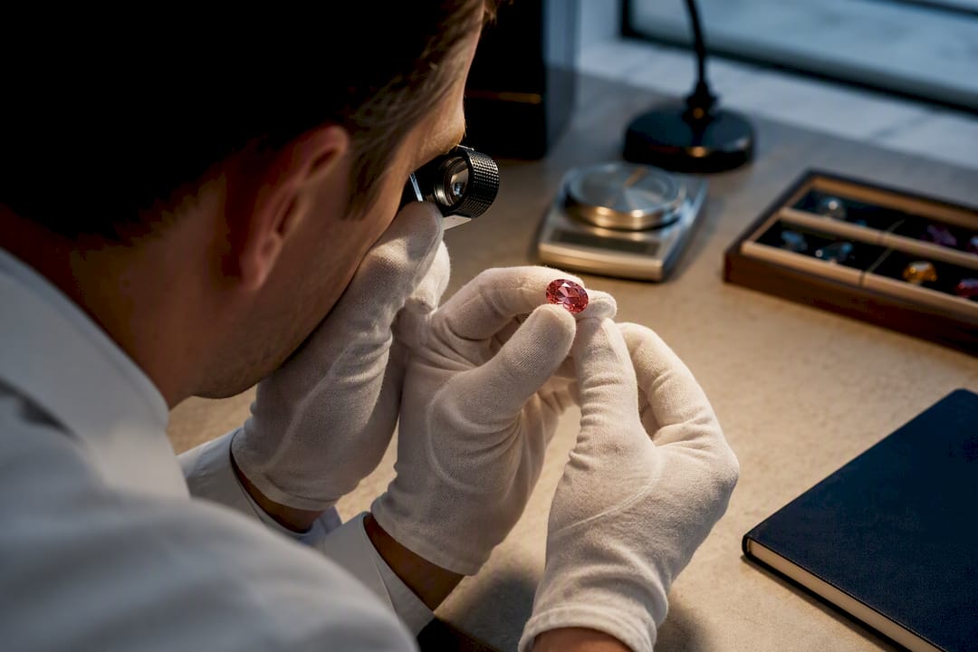 Gemologist examining loose gemstone origin