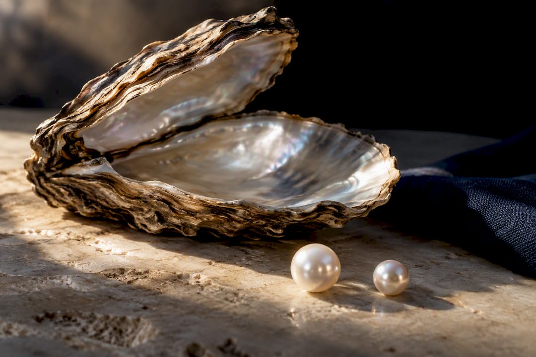Ostra abierta con perlas sueltas