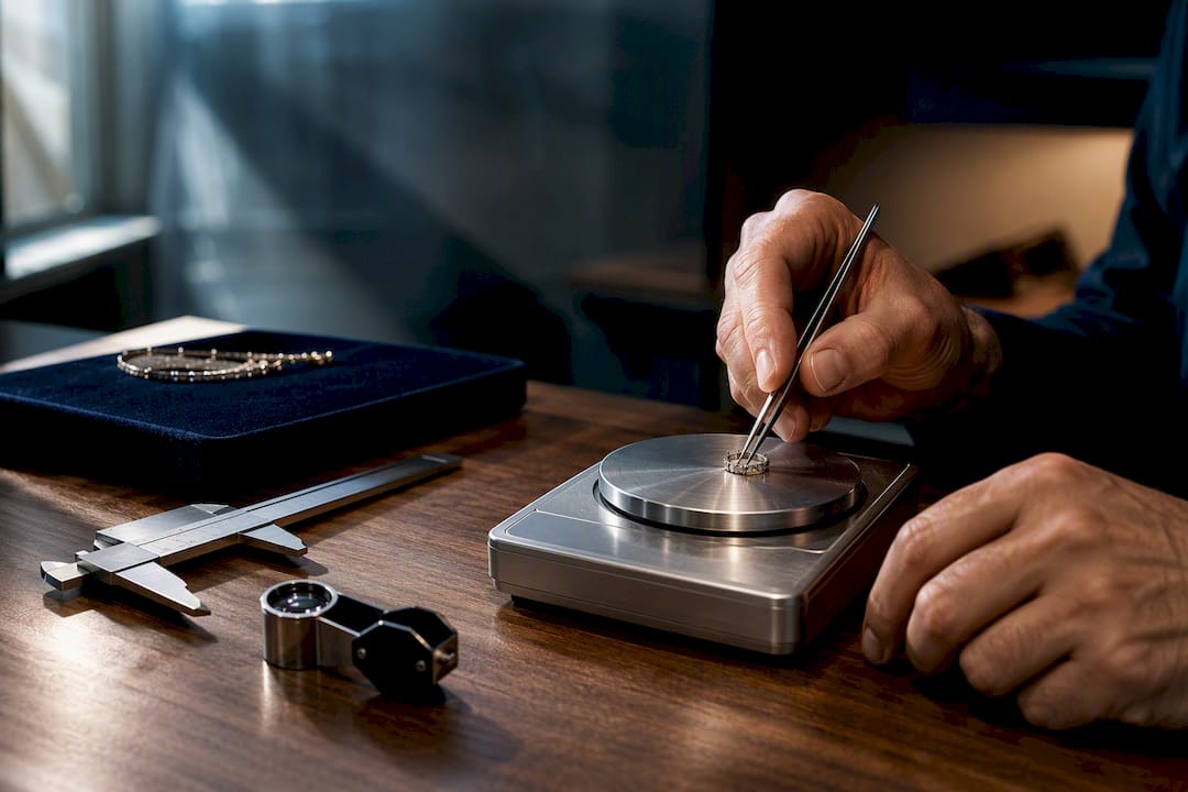 Jewelry setting inspected beside precision tools