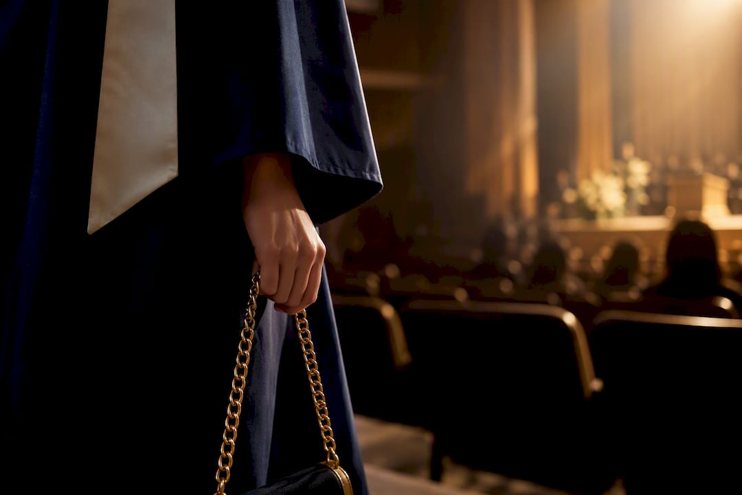 Primer plano de bolso junto a toga de graduación