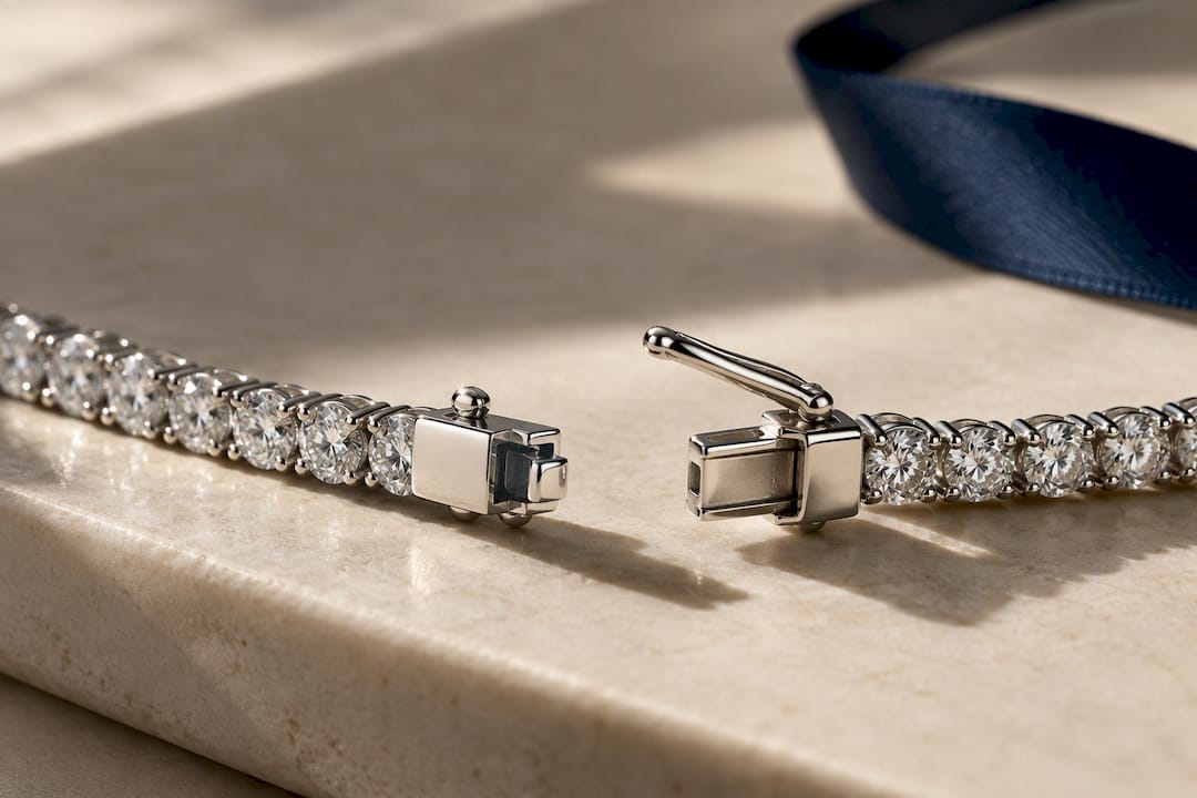 Close-up tennis bracelet clasp and links