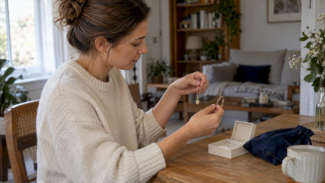 Mujer eligiendo accesorios para regalar a su hermana