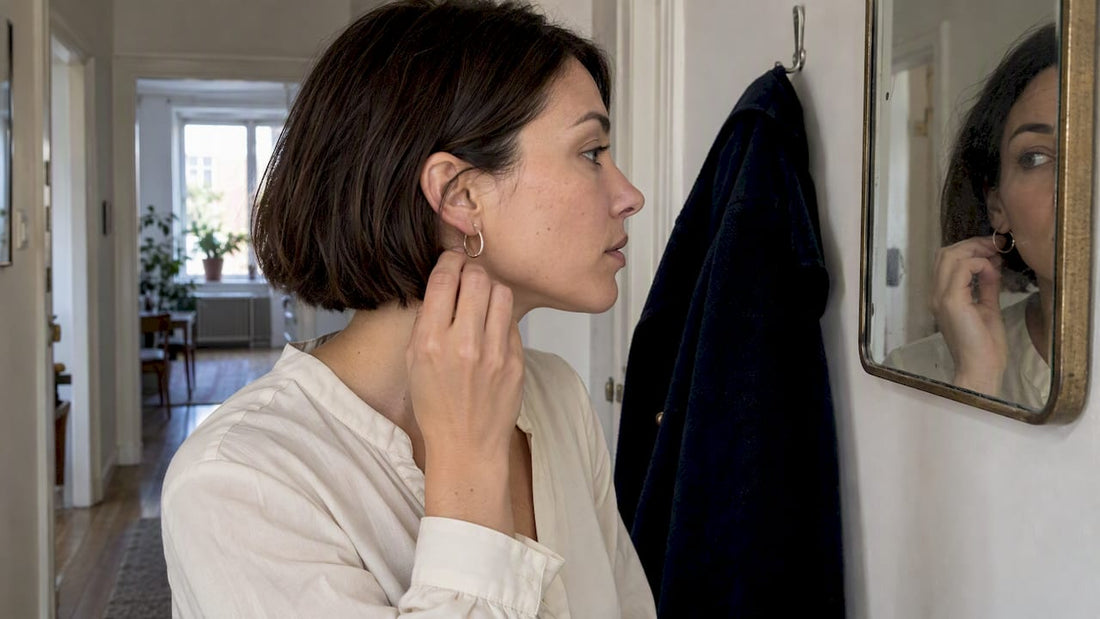 Woman with short hair wearing hoop earrings