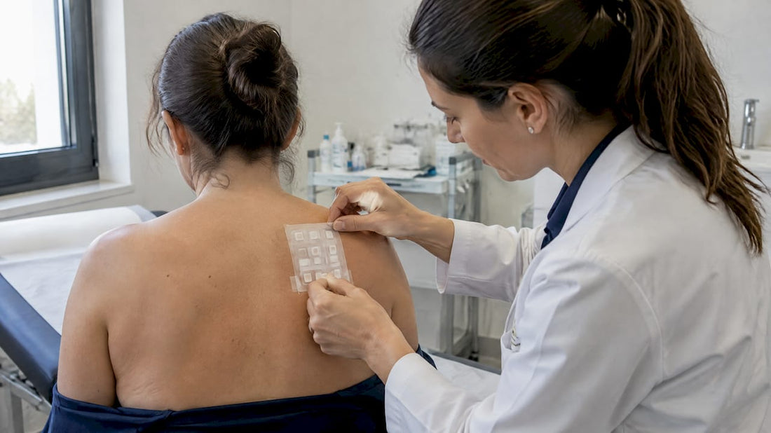 Dermatóloga aplicando prueba epicutánea