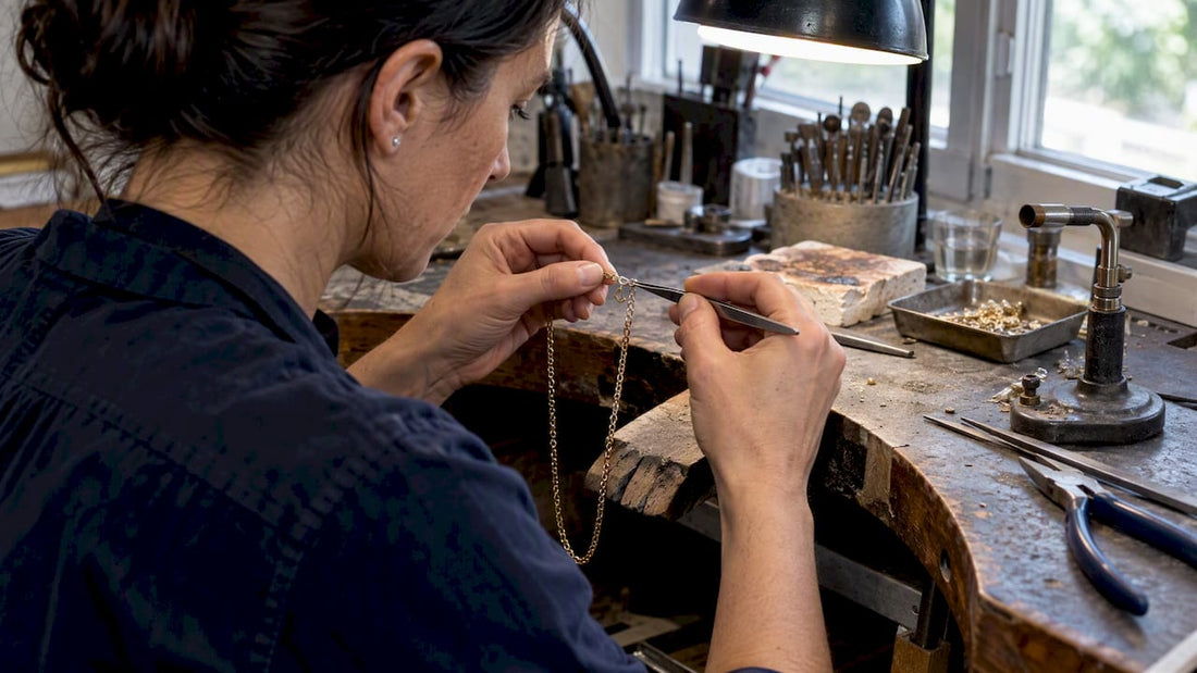 Jeweler inspecting a repairable necklace chain