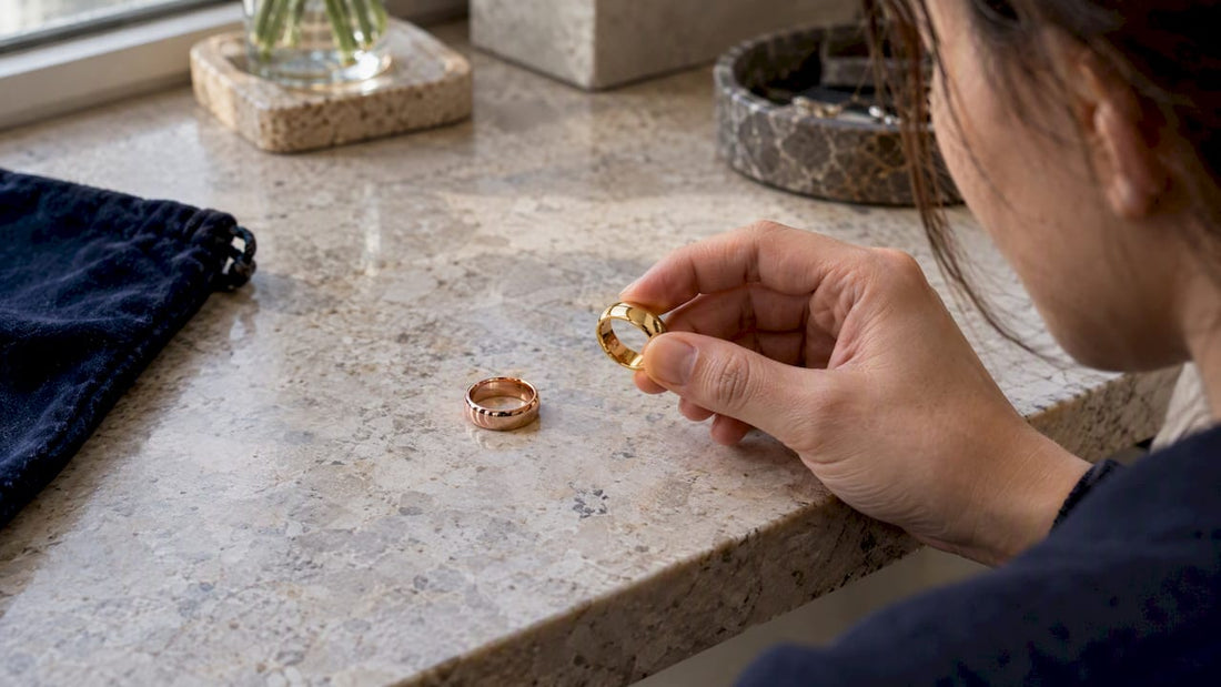 Buyer comparing rose and yellow gold rings